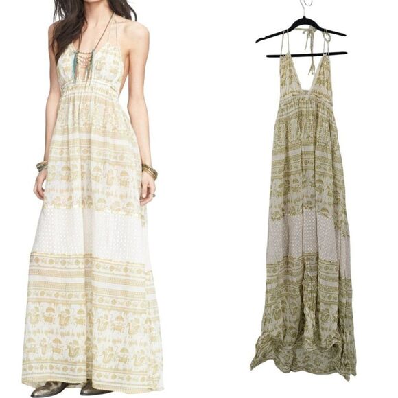 Free People Womens Boho Maxi Dress‎ Halter Open Back Tiered Sz XS Green Cotton - Picture 16 of 16